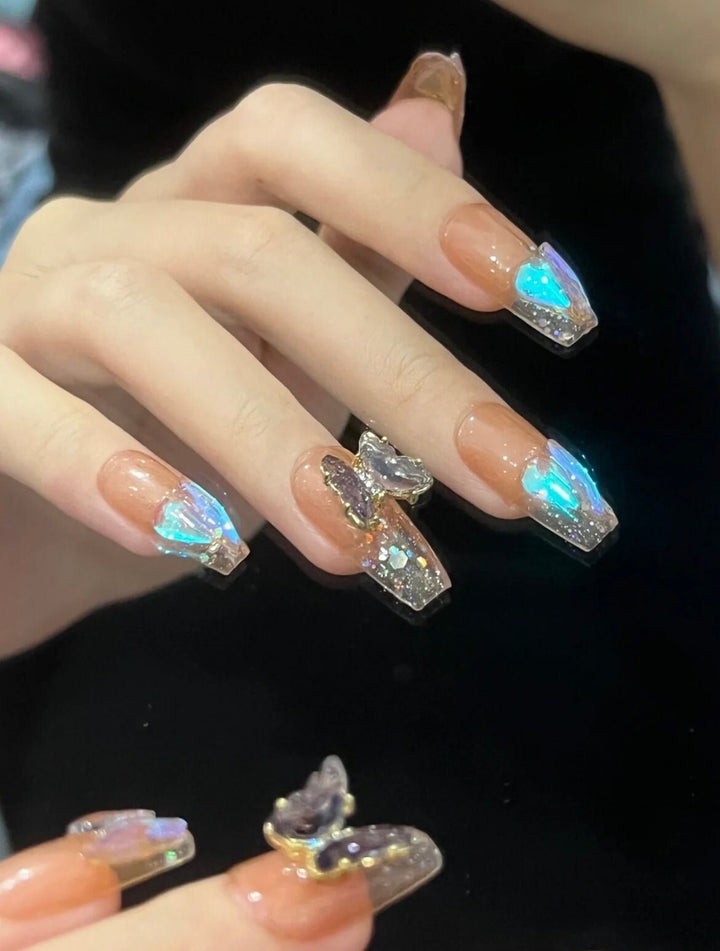 Aurora Crystal Butterfly Caramel Ombre Nail