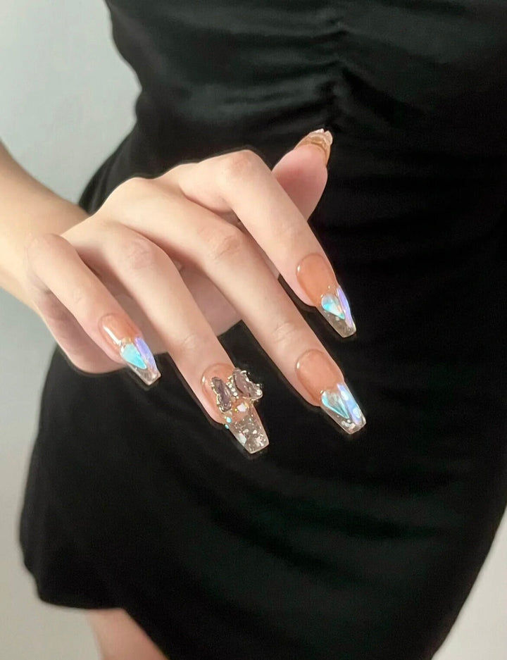 Aurora Crystal Butterfly Caramel Ombre Nail