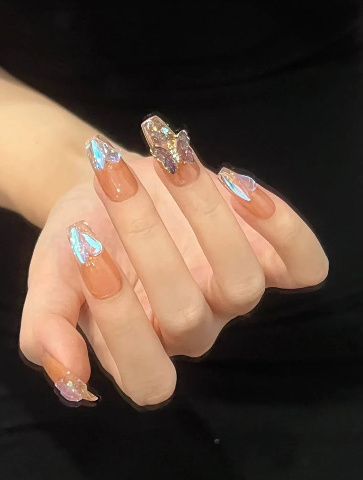 Aurora Crystal Butterfly Caramel Ombre Nail